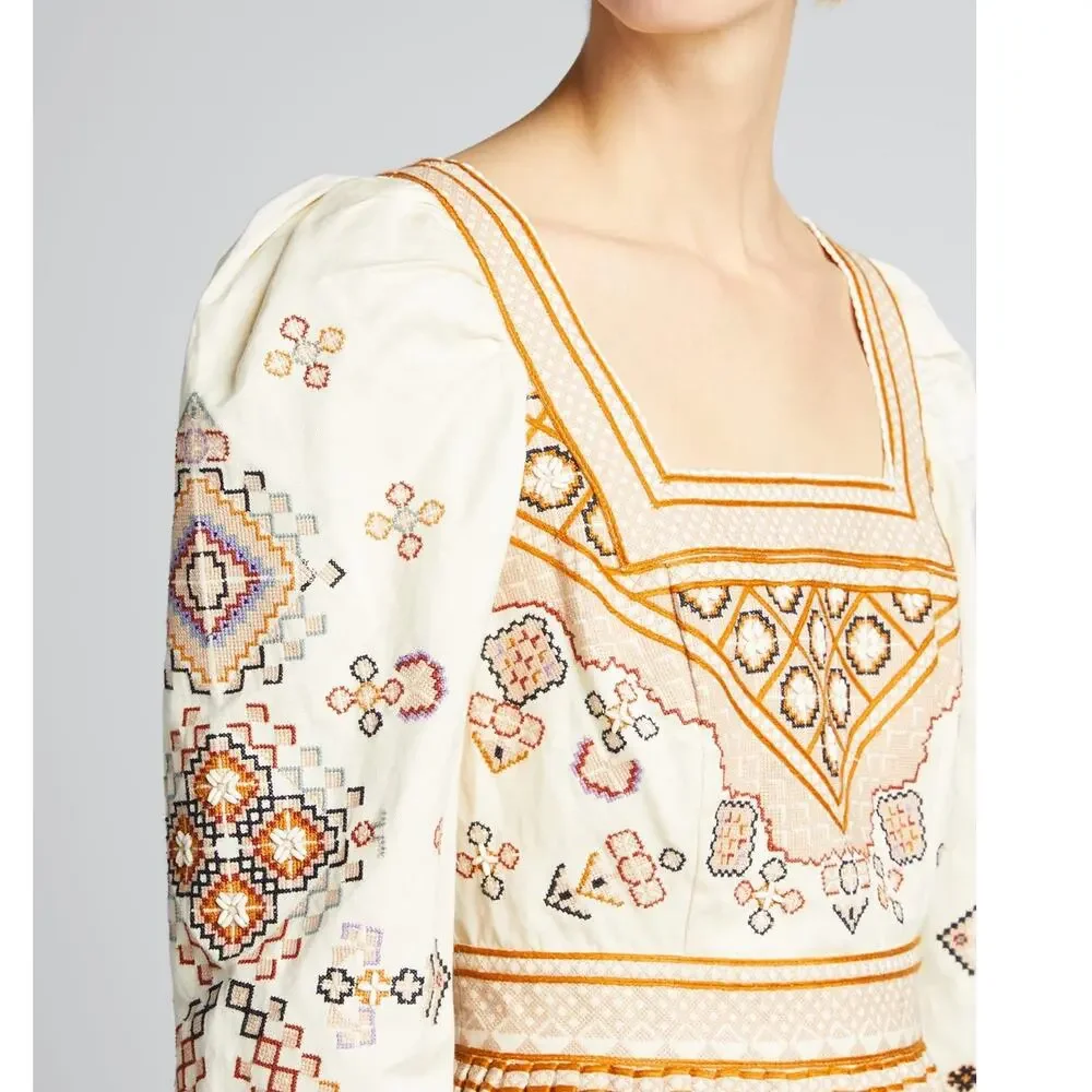 Ulla Johnson Adilah Beaded Embroidered Cotton Linen Mini Dress Ochre size 0